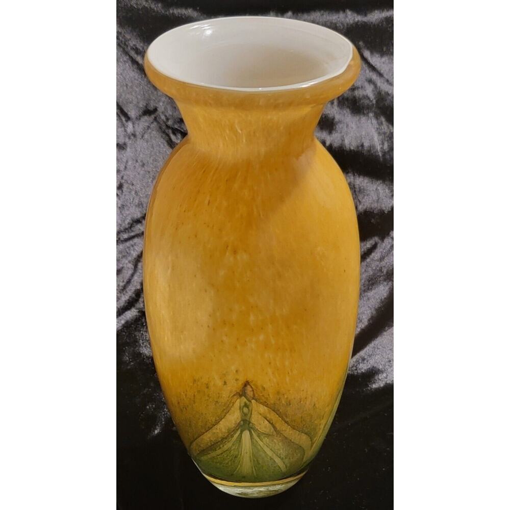 8 3/8" High Seaweed Green With Beige Yellow Feather Pulled Art Glass Vase